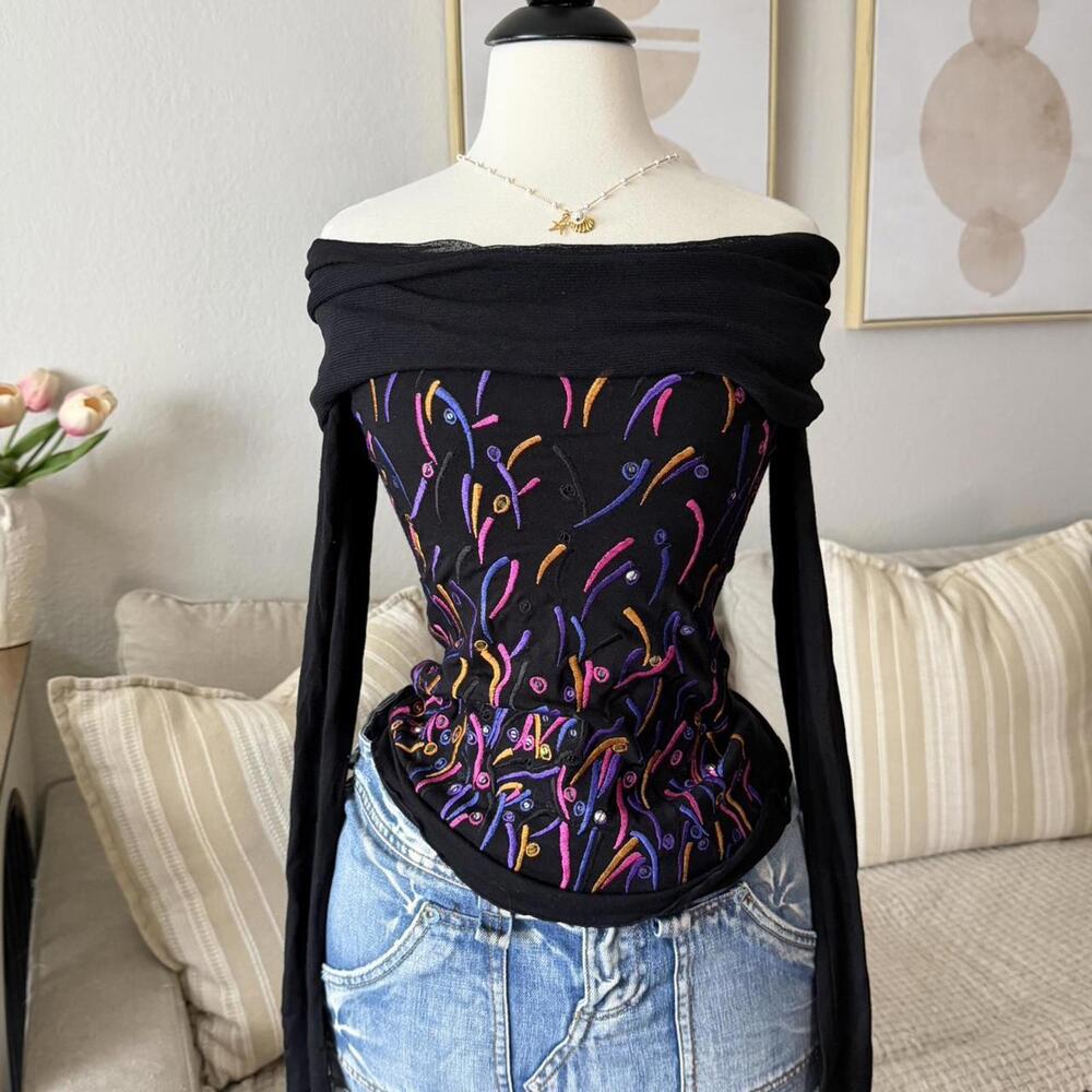 Aspan Black Embroidered Mesh Fold-Over Top